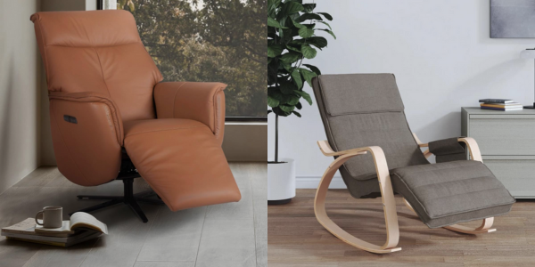 Dos sillones modernos de patas altas, uno de cuero marrón y otro de tela gris, que permiten la circulación del aire debajo del mueble.