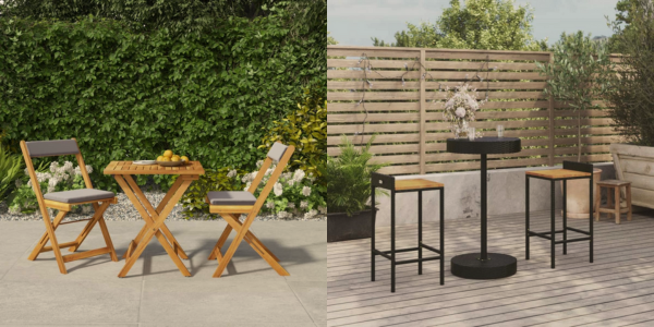 Conjunto de muebles de exterior: a la izquierda, mesa y sillas plegables de madera, a la derecha, barra alta con taburetes, ideales para terrazas y jardines.