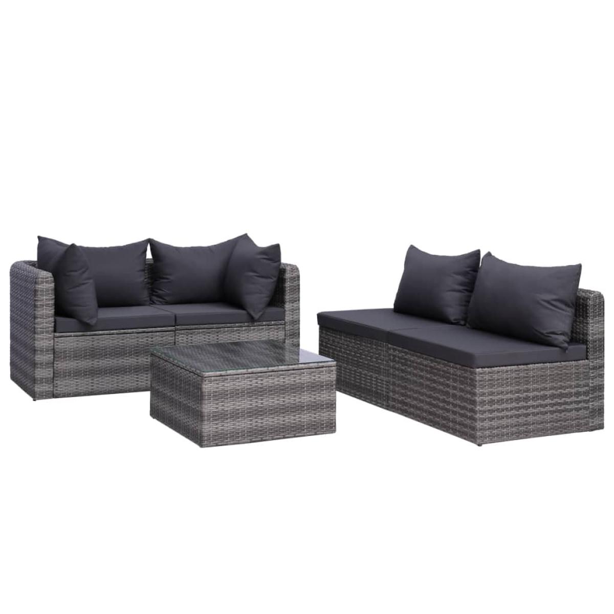 Set de muebles de jardín y cojines 5 pzas. ratán sintético gris