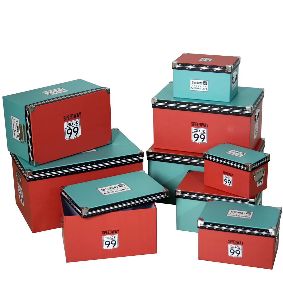 Set 9 cajas cartón decoradas ESQ y asas cromadas