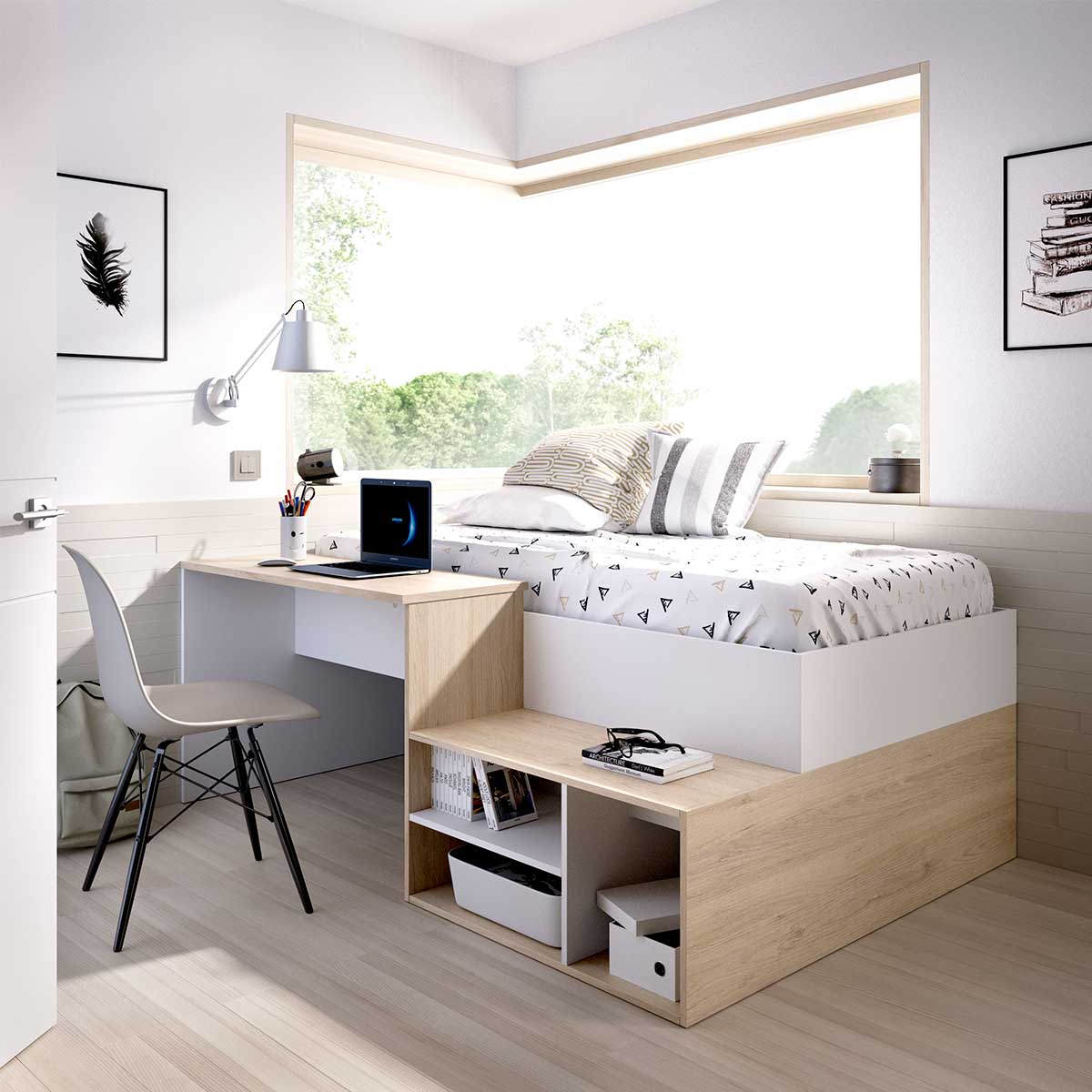 Cama con escritorio y estantes KRAVIT