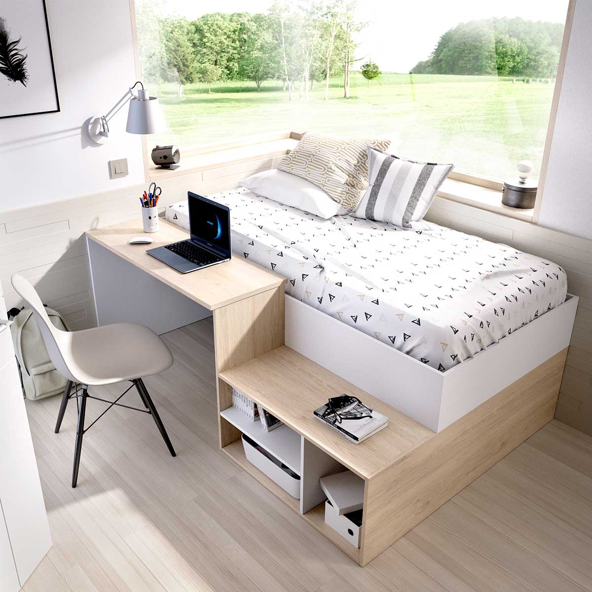 Cama con escritorio y estantes KRAVIT