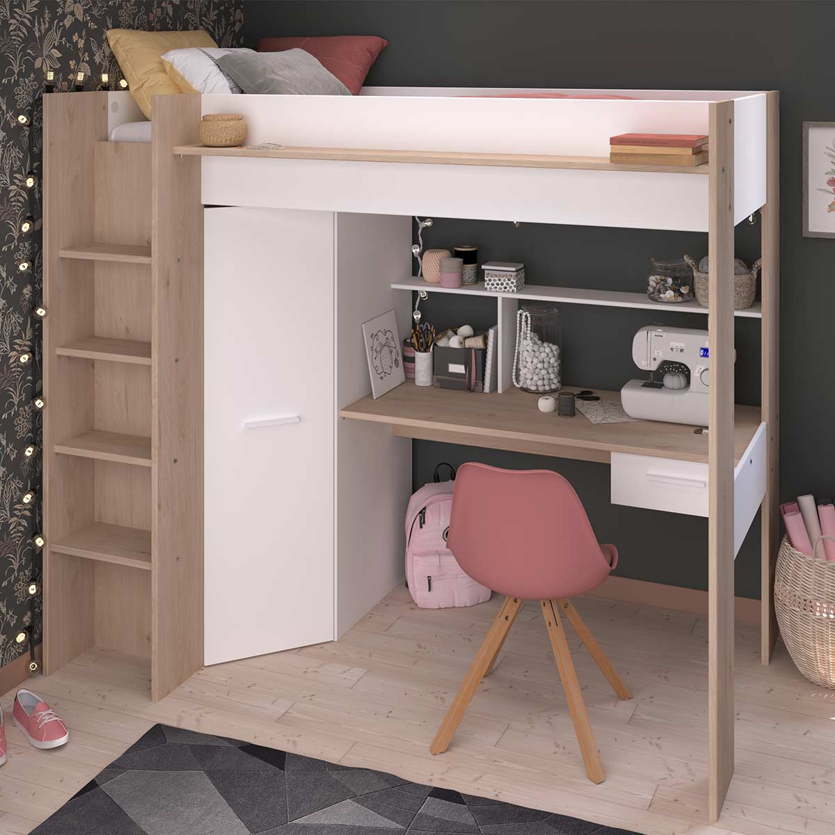 Cama alta con escritorio CINTRA | cama de 90