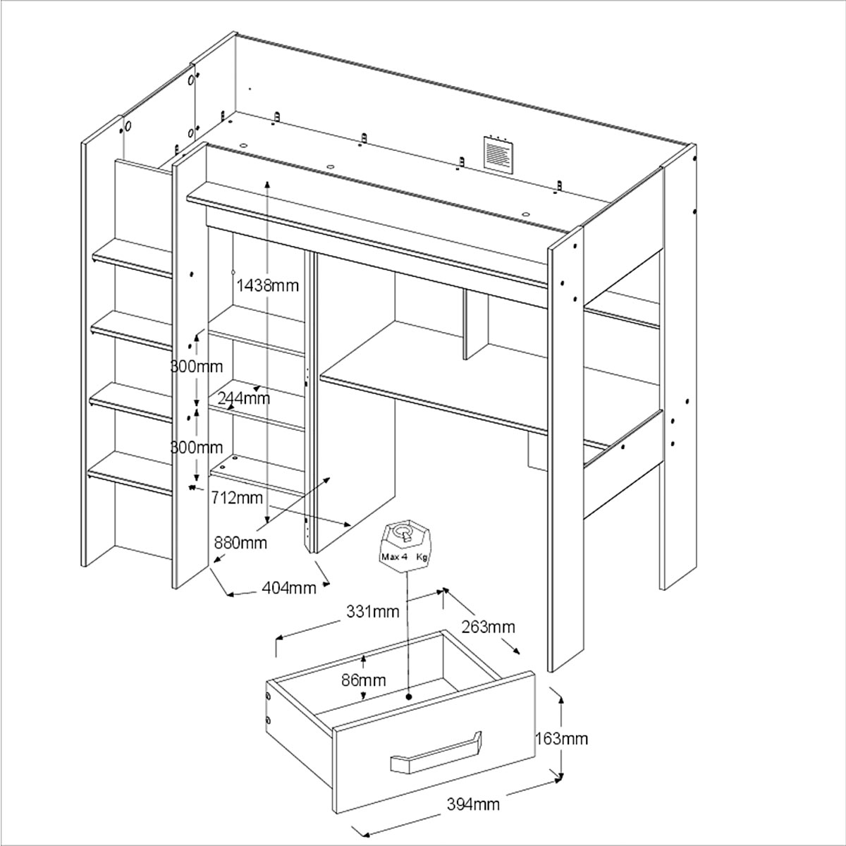 Cama alta con escritorio CINTRA | cama de 90