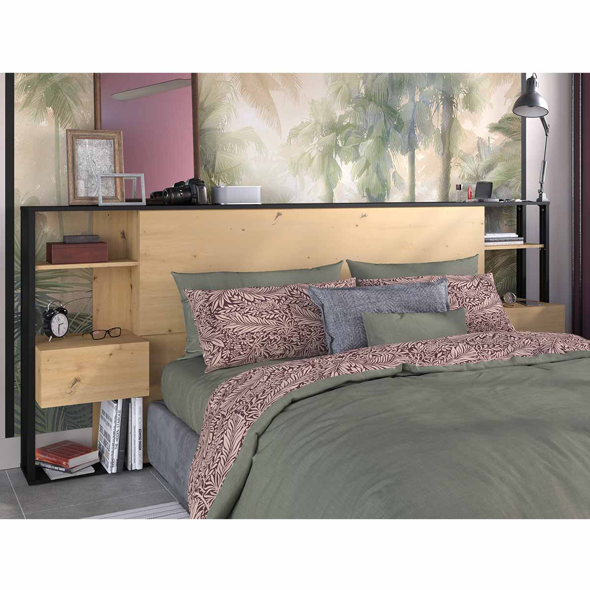 Cabecero y 2 mesitas CIRILA C/ ROBLE ARTISAN/NEGRO 