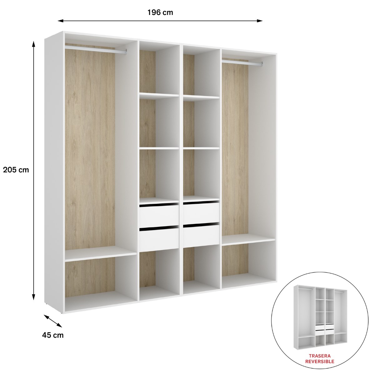Vestidor blanco con 4 cajones y trasera reversible CLOT 196