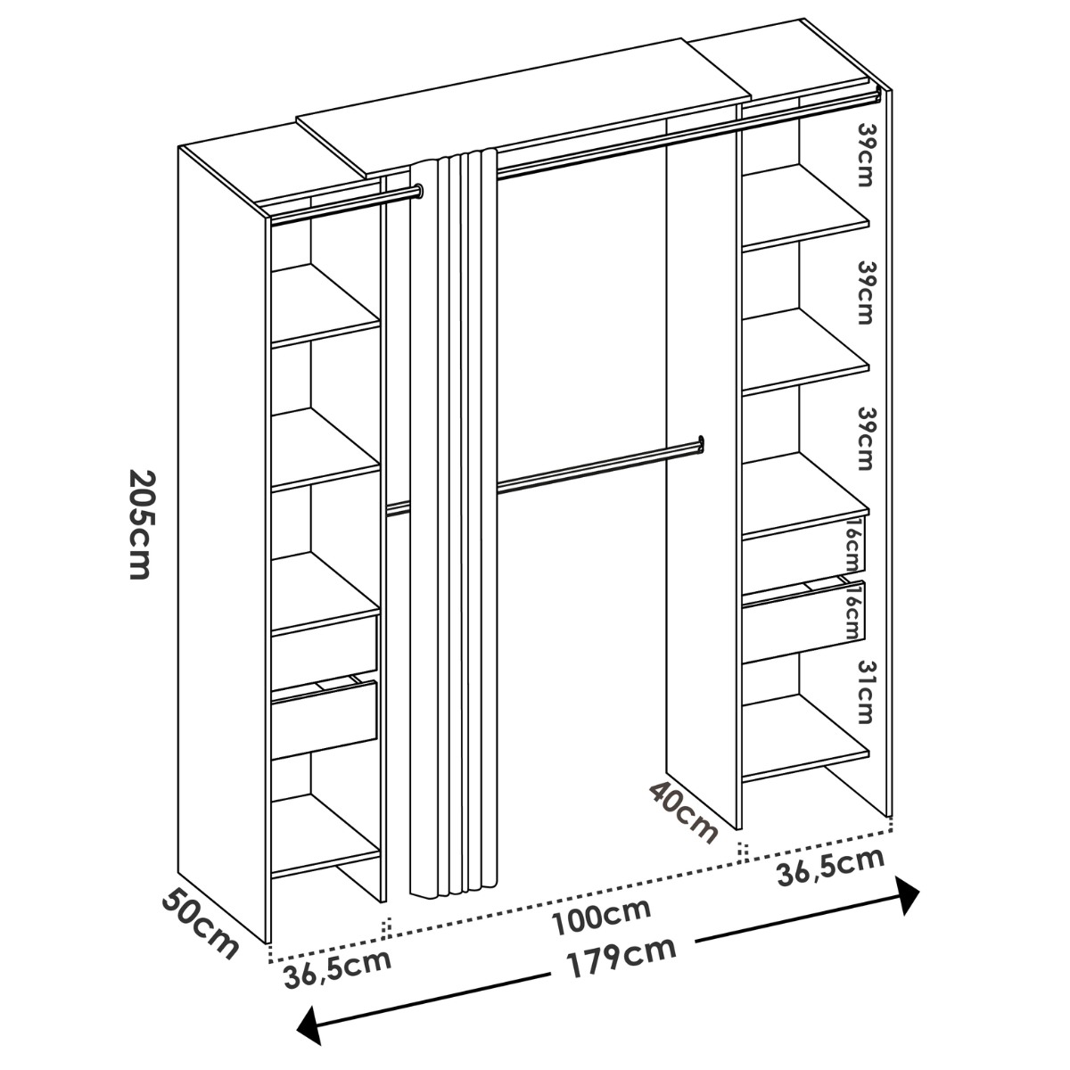 Vestidor de 4 cajones y cortina  CLOT 147