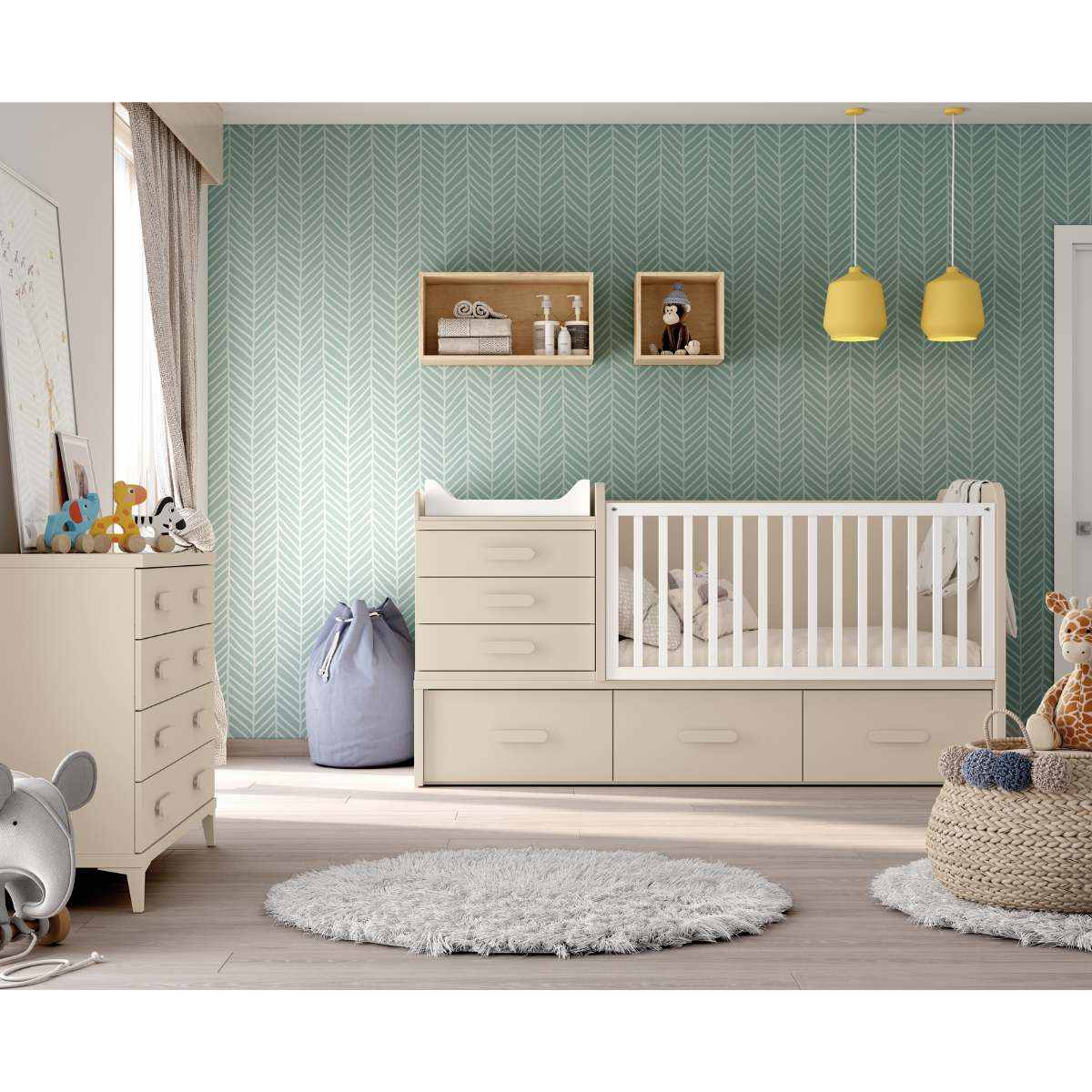 Dormitorio infantil cuna convertible, comodín y estantes LOBBY 267