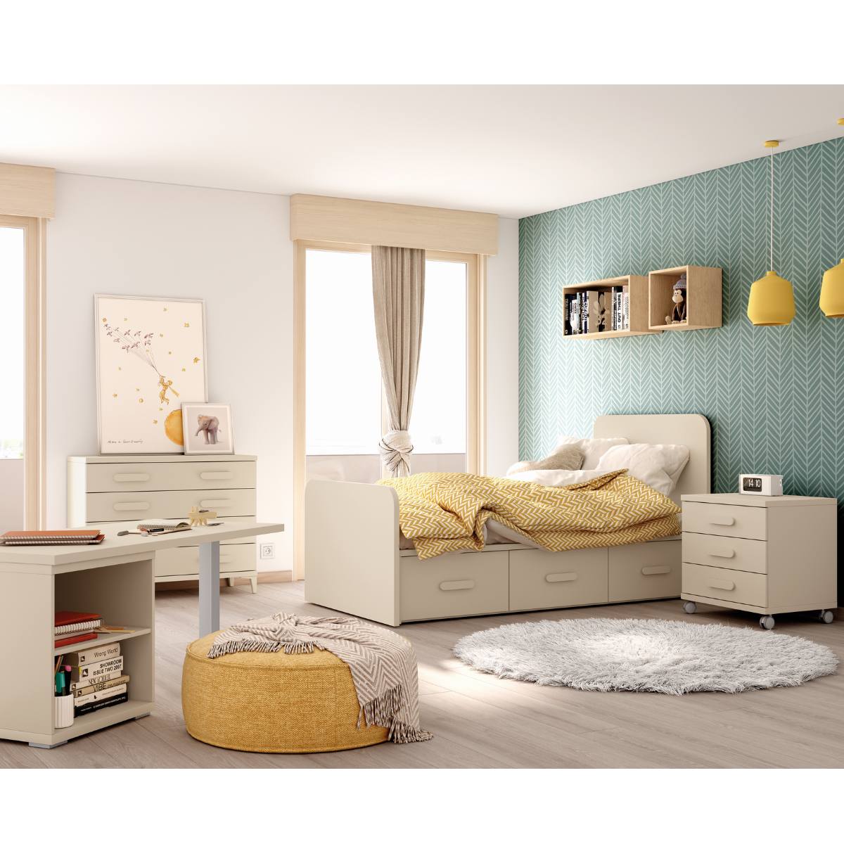 Dormitorio infantil cuna convertible, comodín y estantes LOBBY 267