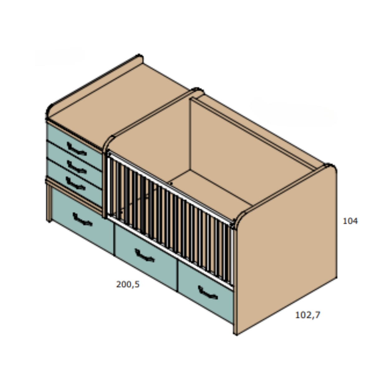 Dormitorio infantil cuna convertible, comodín y estantes LOBBY 267