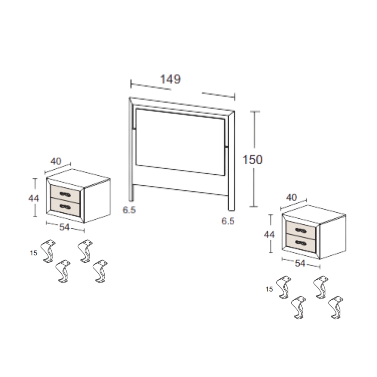 Cabecero y mesitas de 2 cajones MESINI 04