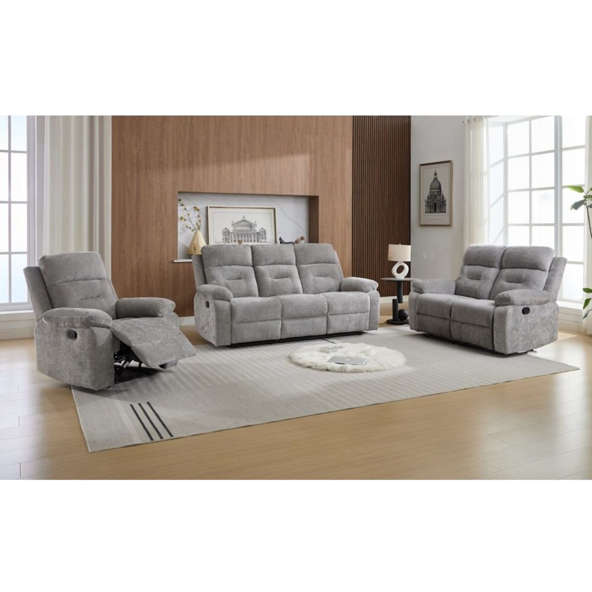 Sofá 3 plazas relax manual en tela gris modelo ARESLY 