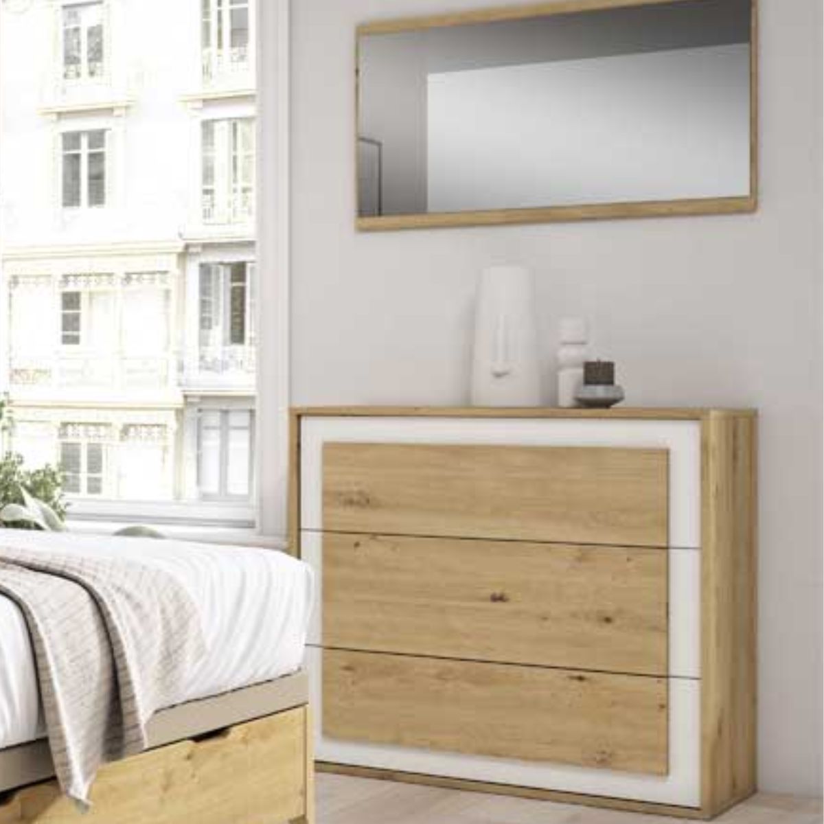 Mesita 3 cajones en artisan/blanco modelo MINERVA 