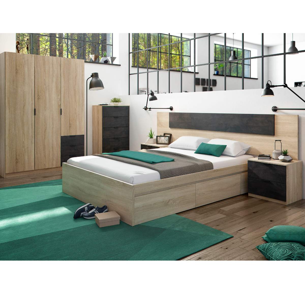 Cama 150 con 4 cajones (para somier de 190 x 150 cm) MEDITERRANEO