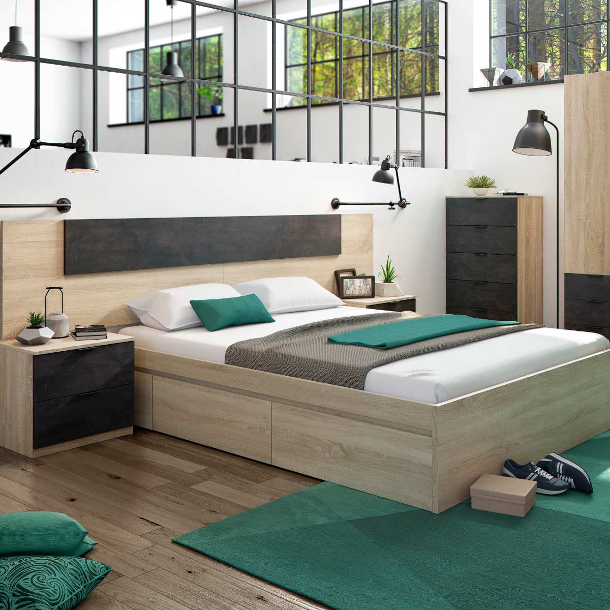 Cama 150 con 4 cajones (para somier de 190 x 150 cm) MEDITERRANEO