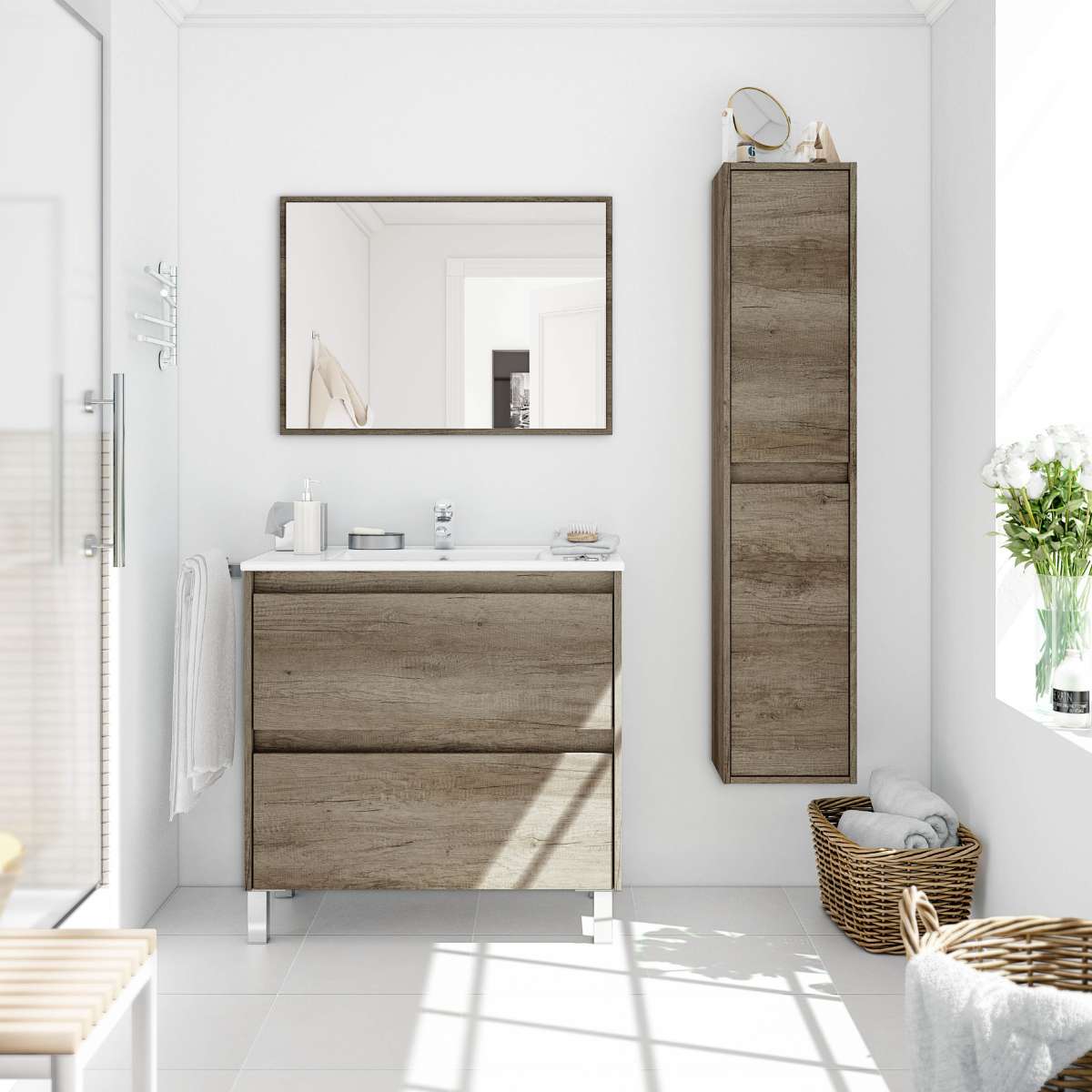 Mueble 80 cm 2 cajones + espejo // lavabo no incluido TEXAS