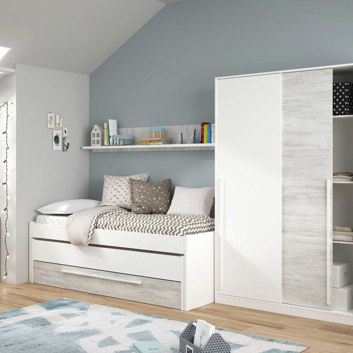 Cama doble sin somier + 1 cajón + estante (colchones 190 x 90 - 180 x 90) ELTON