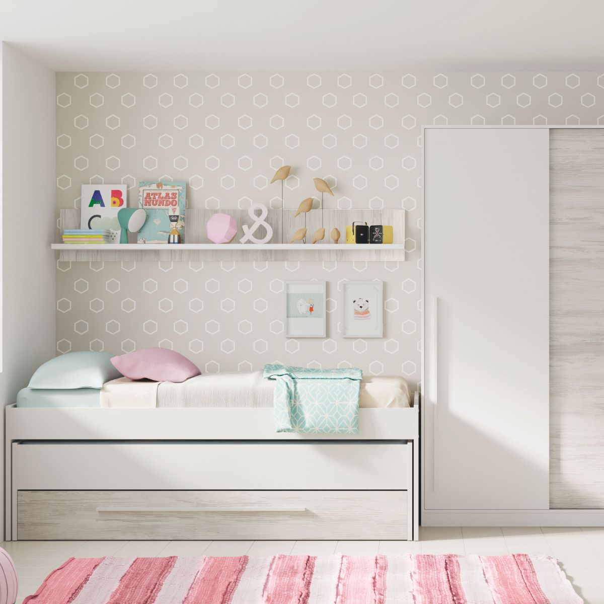 Cama doble sin somier + 1 cajón + estante (colchones 190 x 90 - 180 x 90) ELTON