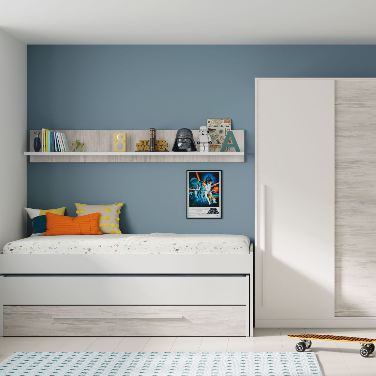 Cama doble sin somier + 1 cajón + estante (colchones 190 x 90 - 180 x 90) ELTON