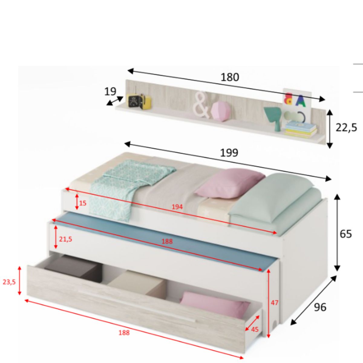 Cama doble sin somier + 1 cajón + estante (colchones 190 x 90 - 180 x 90) ELTON