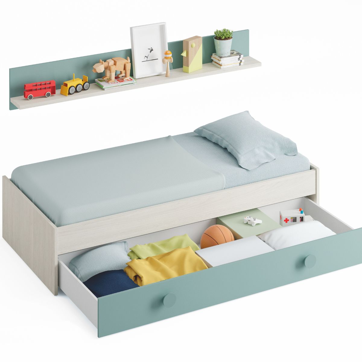 Cama nido juvenil (sin somier+1 cajon-cama + estanteria)(camas 90 x 190 cm) YOJEN