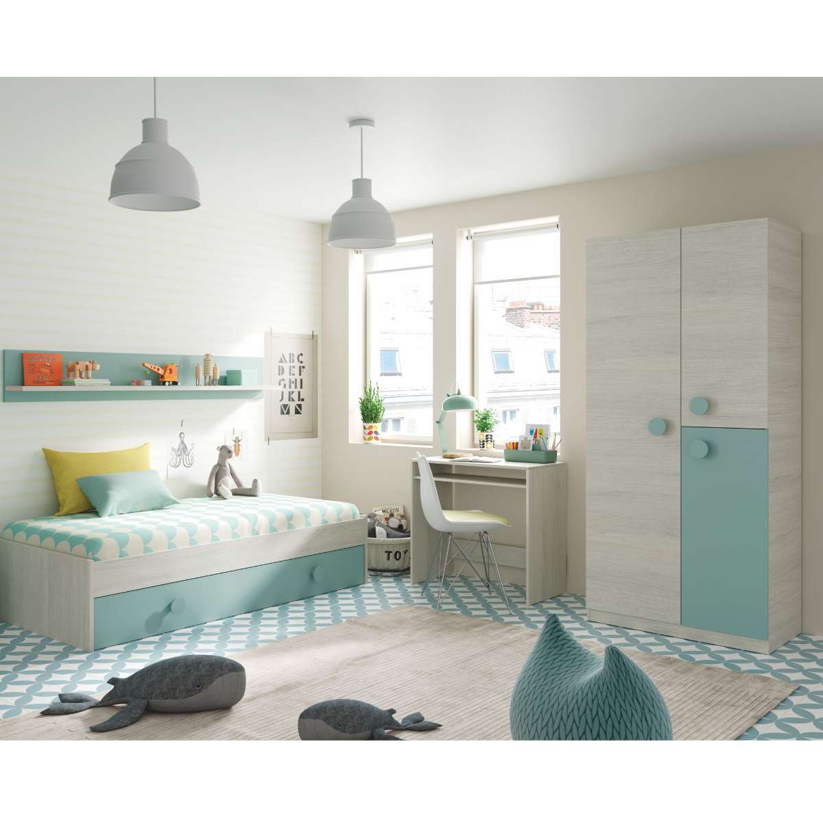 Cama nido juvenil (sin somier+1 cajon-cama + estanteria)(camas 90 x 190 cm) YOJEN
