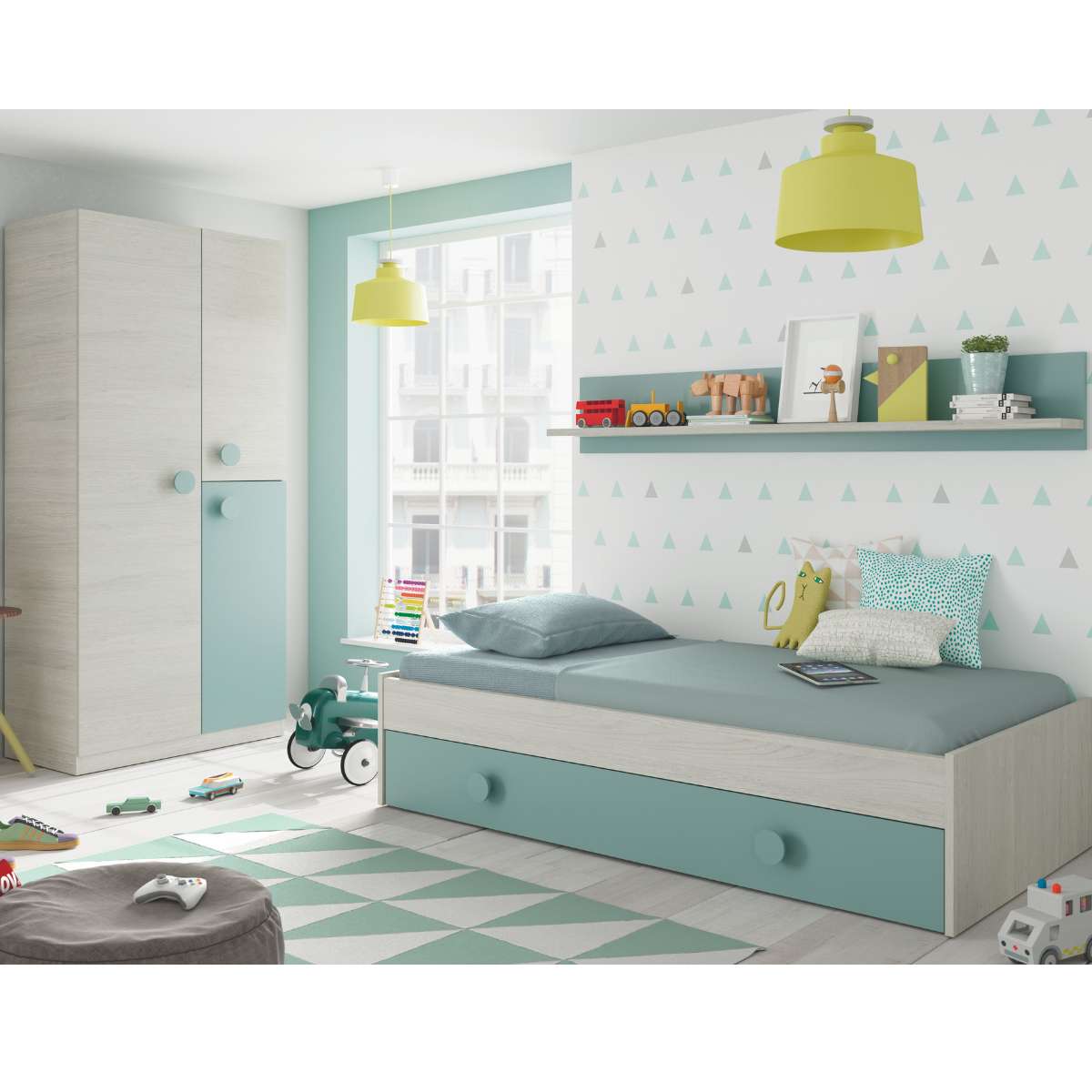 Cama nido juvenil (sin somier+1 cajon-cama + estanteria)(camas 90 x 190 cm) YOJEN