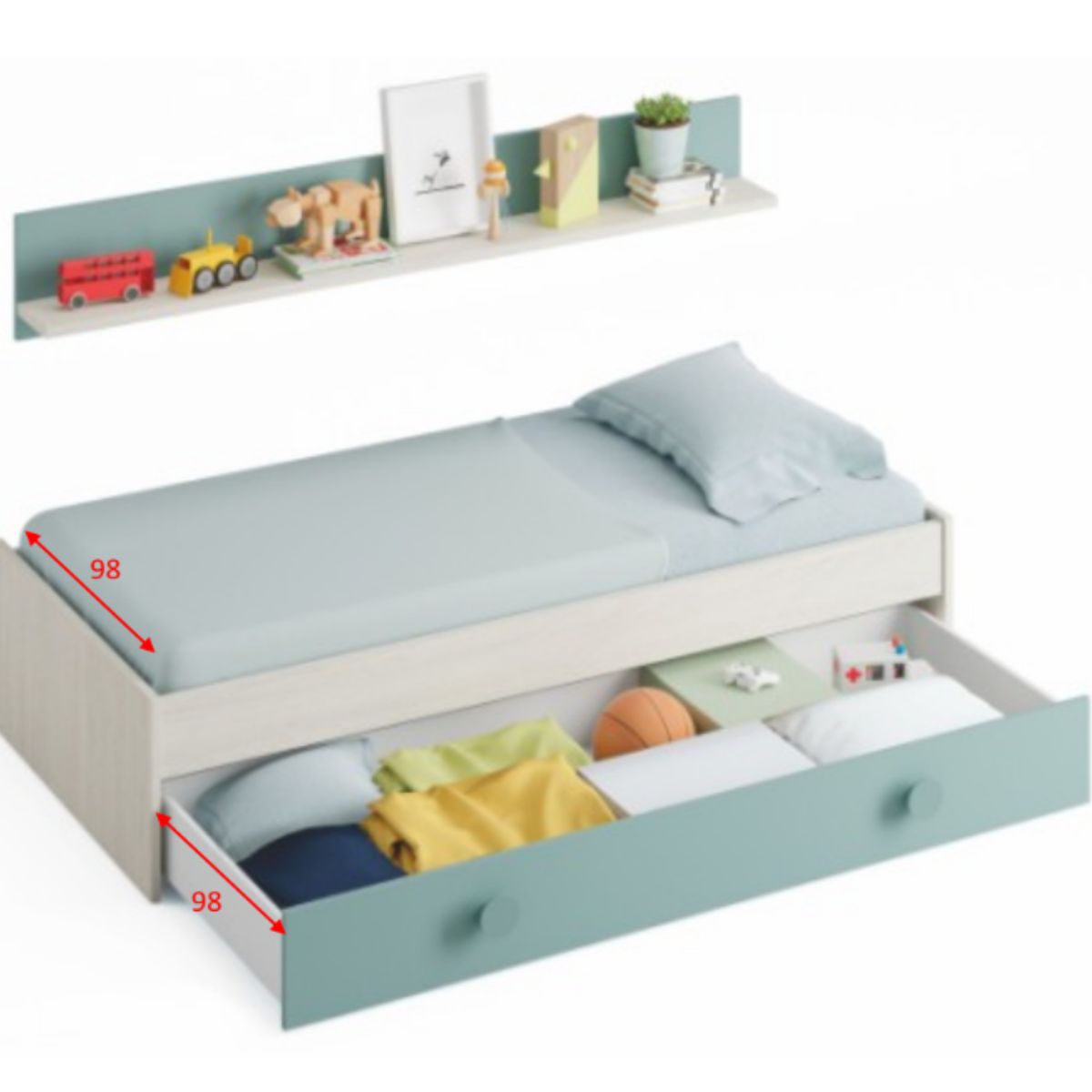 Cama nido juvenil (sin somier+1 cajon-cama + estanteria)(camas 90 x 190 cm) YOJEN
