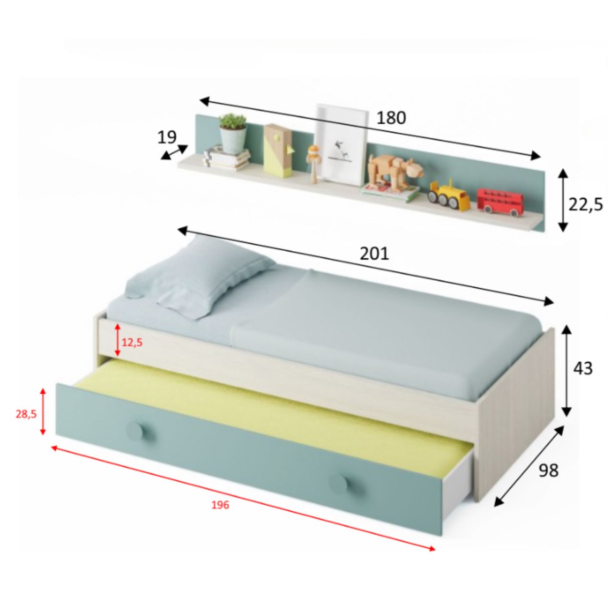 Cama nido juvenil (sin somier+1 cajon-cama + estanteria)(camas 90 x 190 cm) YOJEN