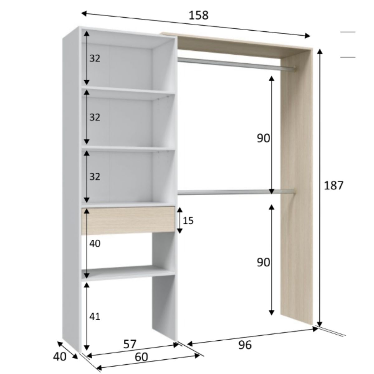 Armario-vestidor con estantería 60 cm + 2 barras HERMES