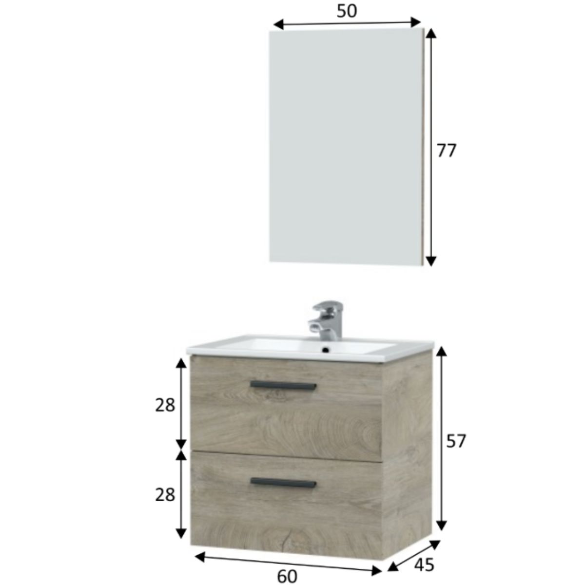 Mueble 60 cm 2 cajones susp.+ espejo // lavabo no incluido NOLAN 60