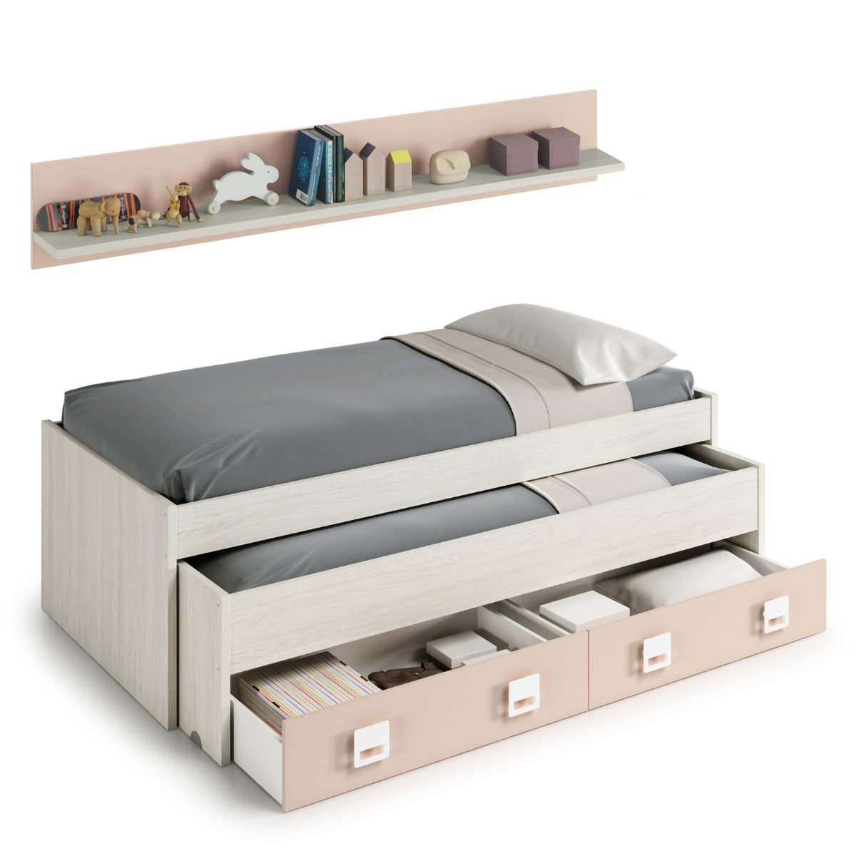 Cama doble sin somier + 2 cajones + estante (colchones 90 X 190 cm - 90 x 180 cm) NUBE