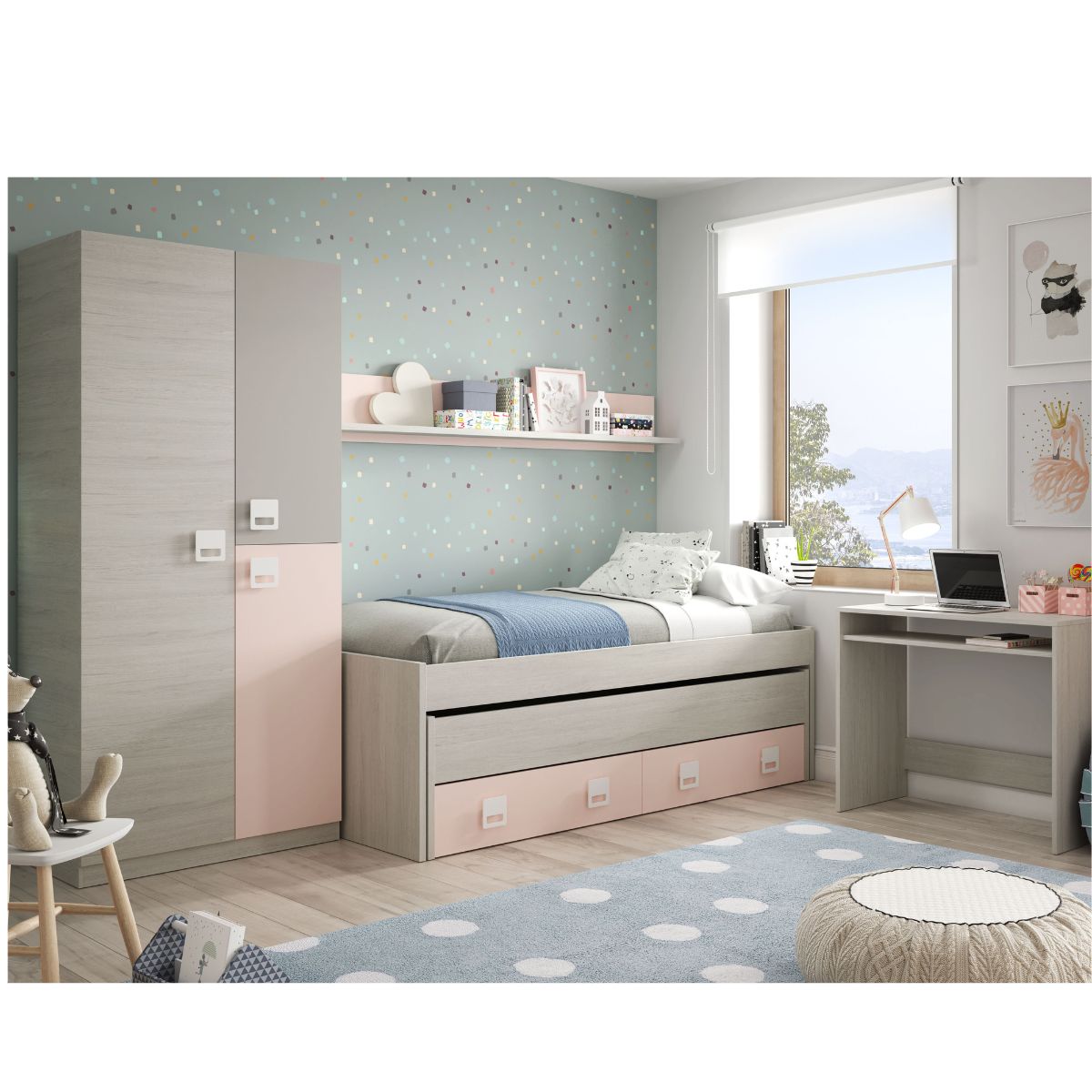 Cama doble sin somier + 2 cajones + estante (colchones 90 X 190 cm - 90 x 180 cm) NUBE