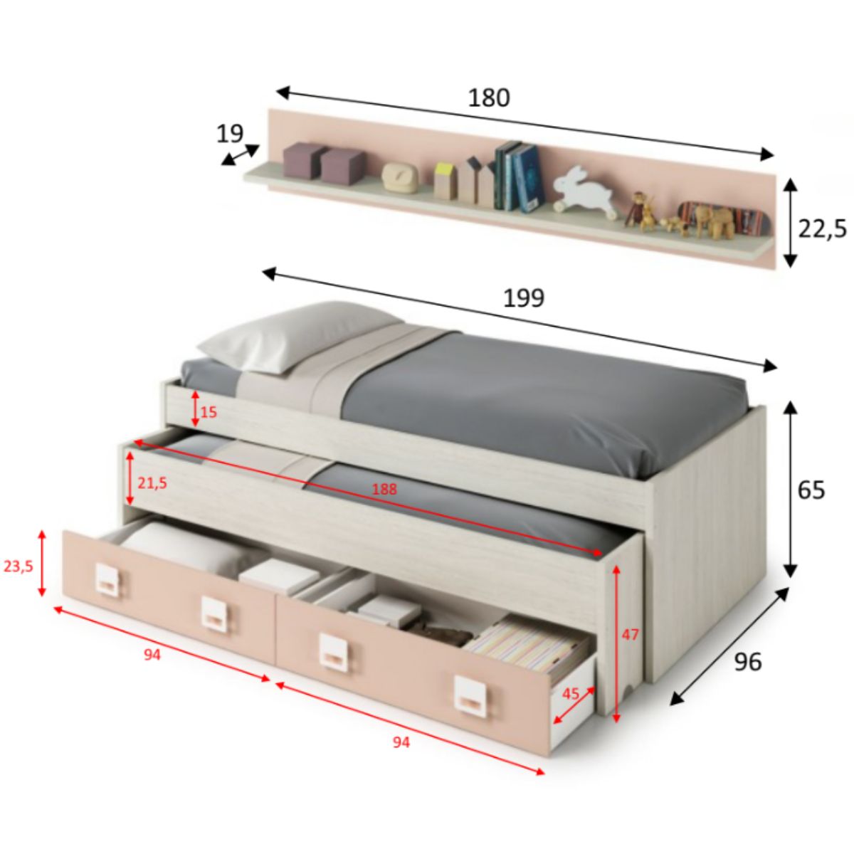 Cama doble sin somier + 2 cajones + estante (colchones 90 X 190 cm - 90 x 180 cm) NUBE