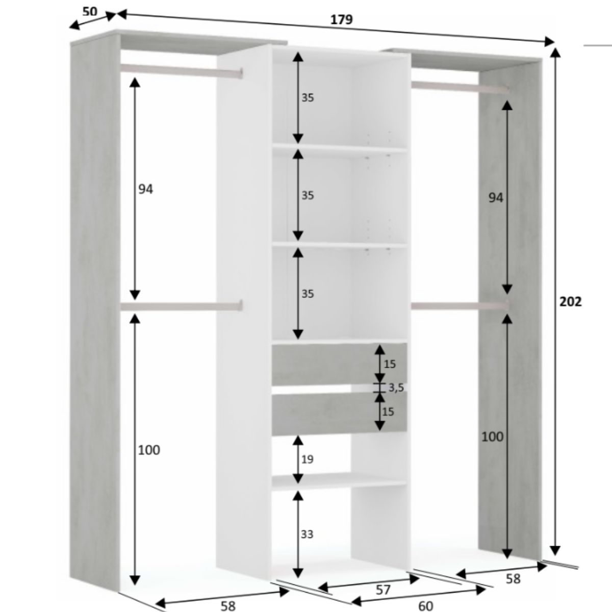 Armario-vestidor con estantería  2,02 x 50 cm + 4 barras modelo BIDY