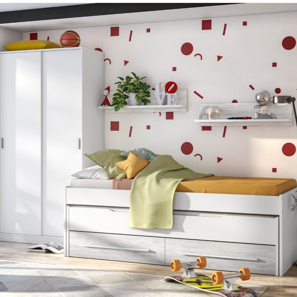 Cama doble con dos cajones y dos estantes Arena