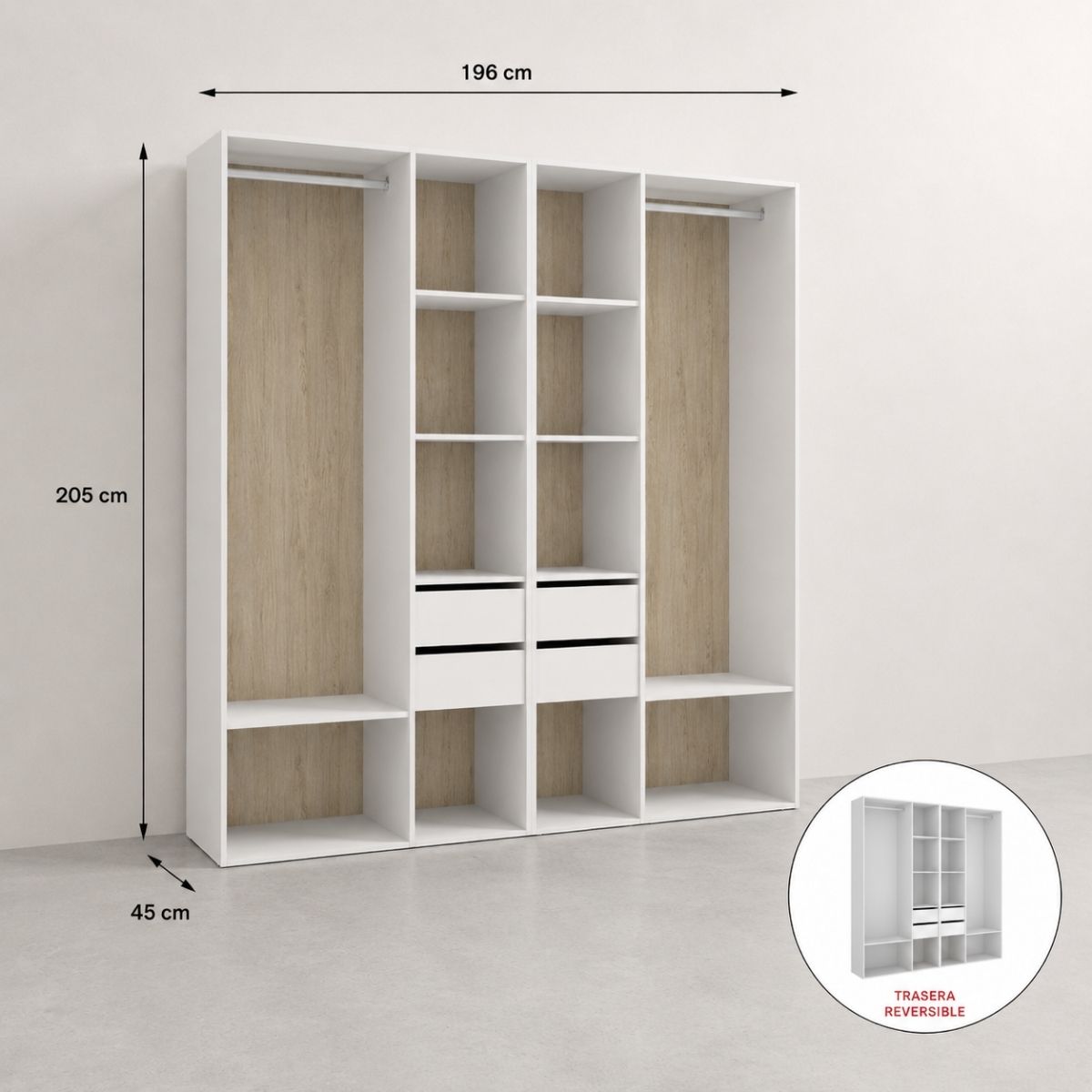 Vestidor blanco con 4 cajones y trasera reversible CLOT 196
