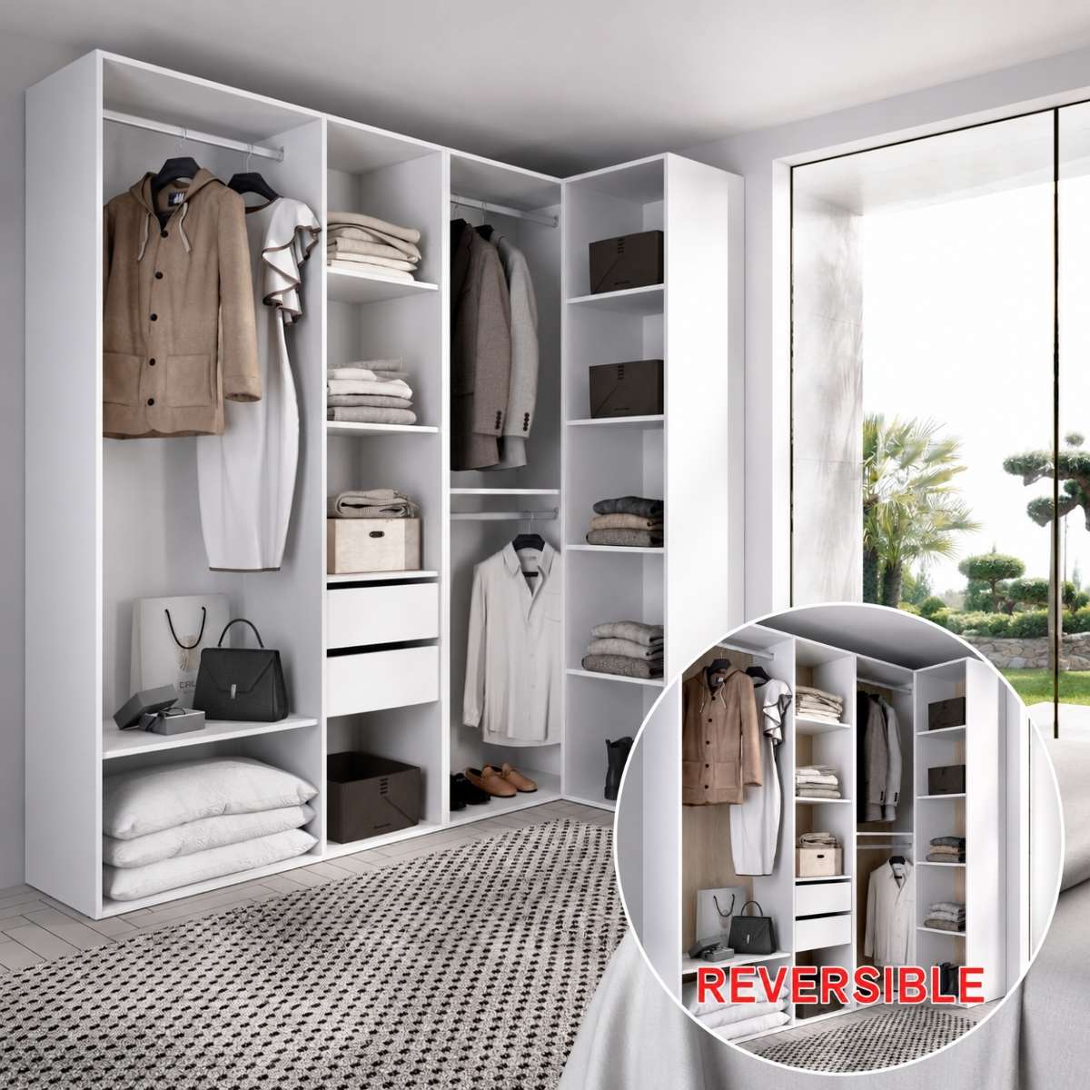 Vestidor blanco de rincón con 2 cajones y trasera reversible CLOT 182
