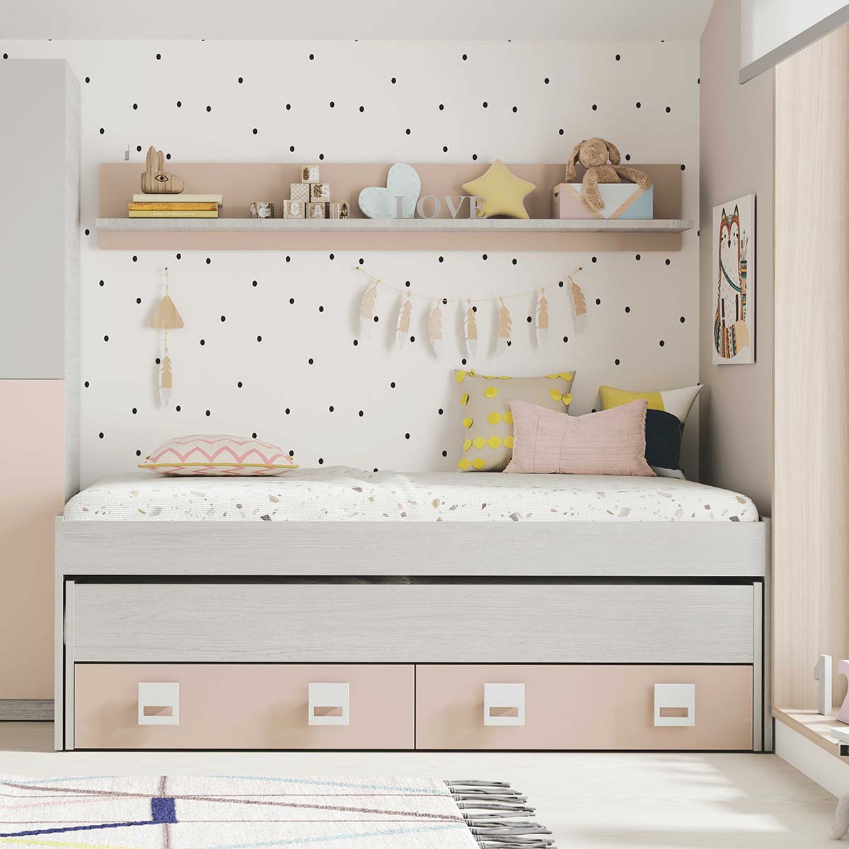 Dormitorio juvenil completo formado por cama compacta, armario y