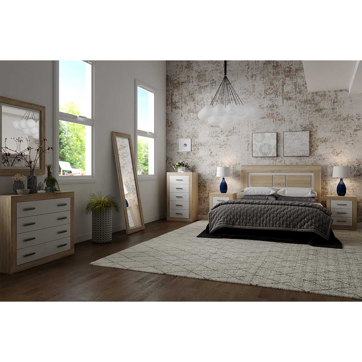 Conjunto de dormitorio moderno: cabecero, 2 mesitas, cómoda, espejo - Lara  01 - Don Baraton: tienda de sofás, colchones y muebles