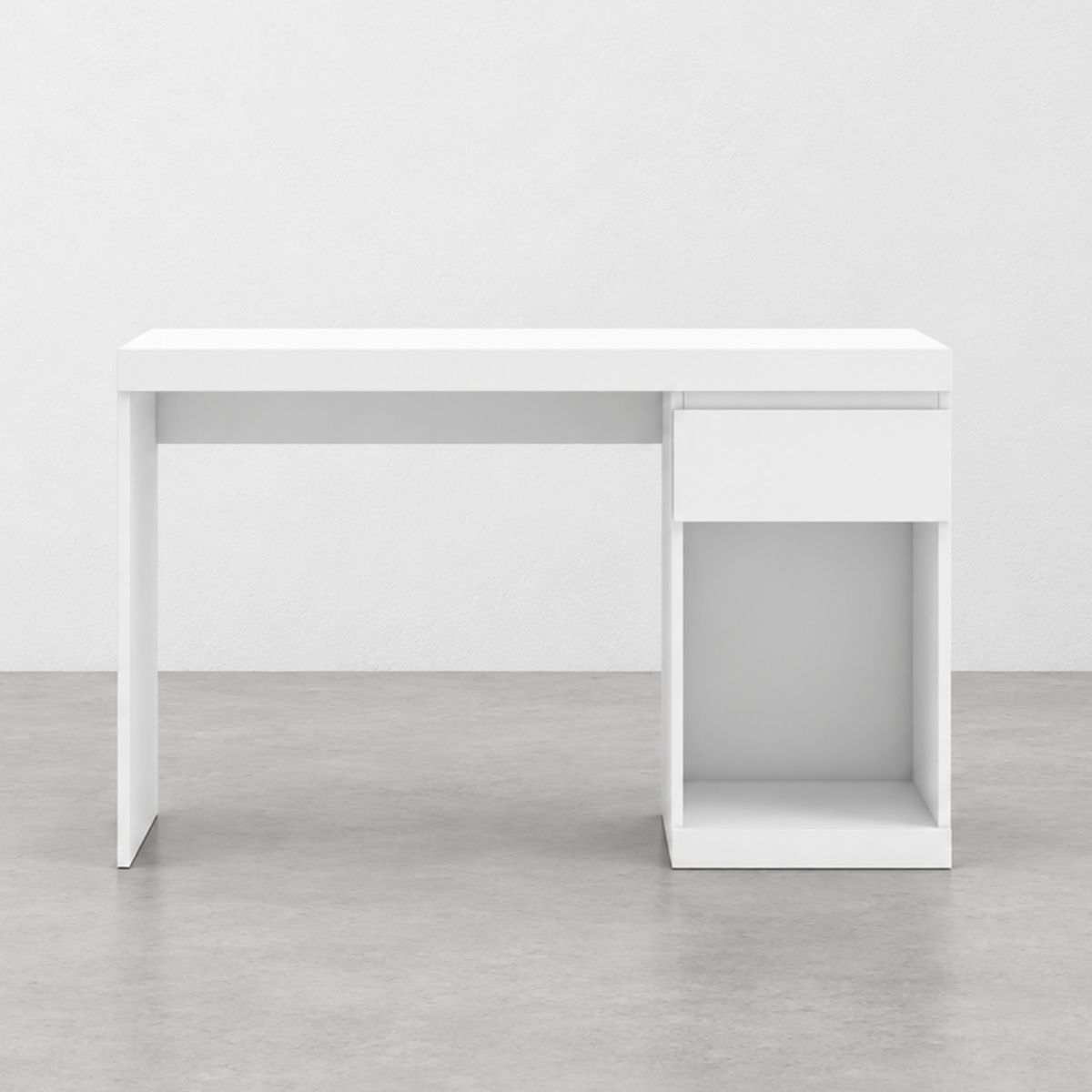 Mesa de escritorio DRAW blanca con cajón y hueco abierto