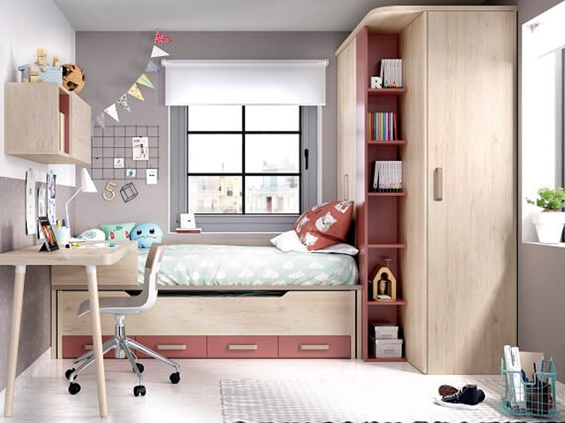 Dormitorio juvenil con compacto de cama deslizante y base de cajones +  armario y zona de estudio con librería.